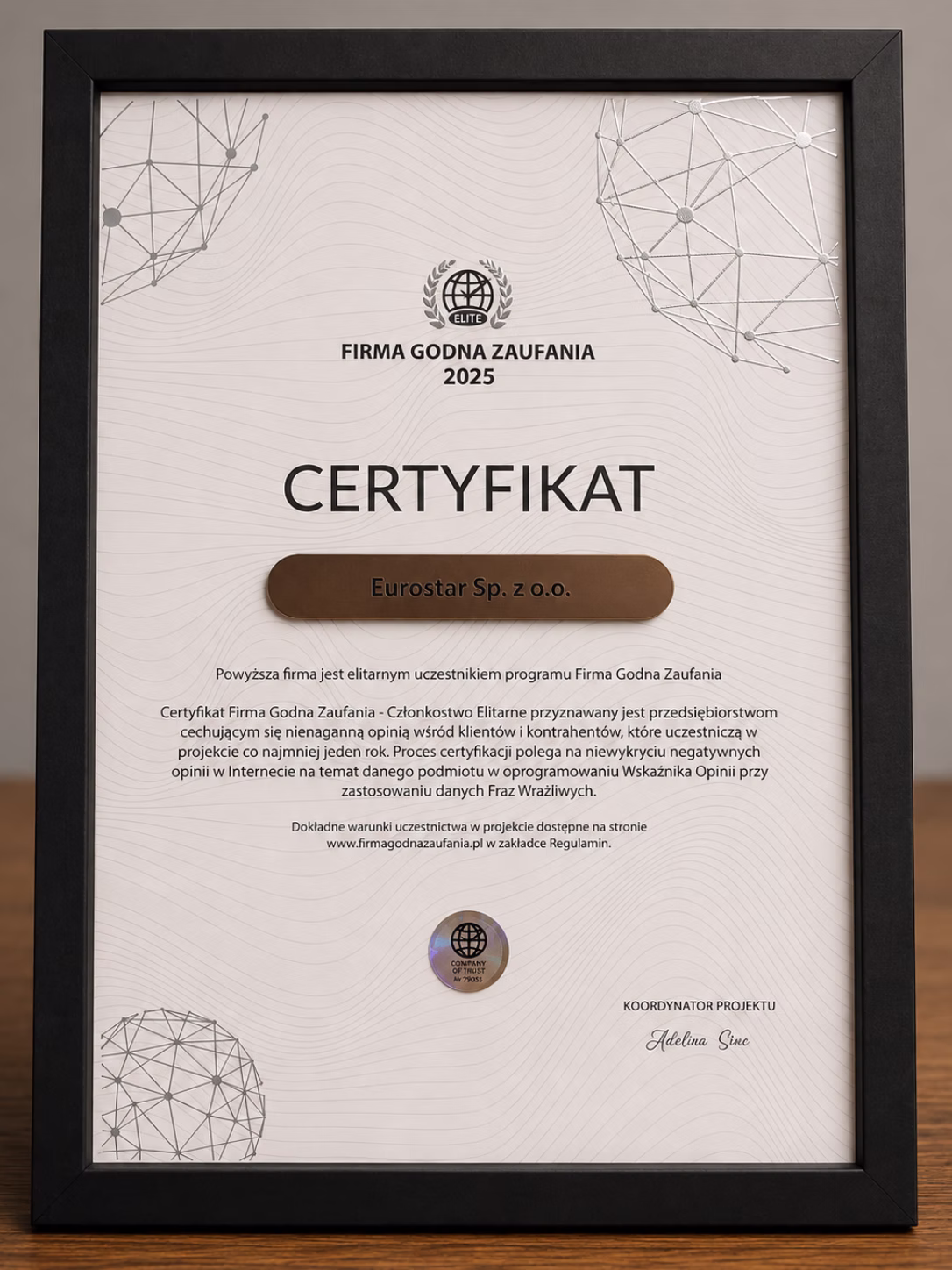 Certyfikat Firma Godna Zaufania 2025 — EUROSTAR